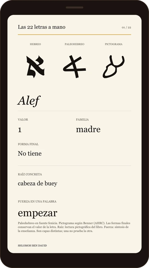 Ficha de Alef del bono Las 22 letras a mano, en la pantalla de un celular